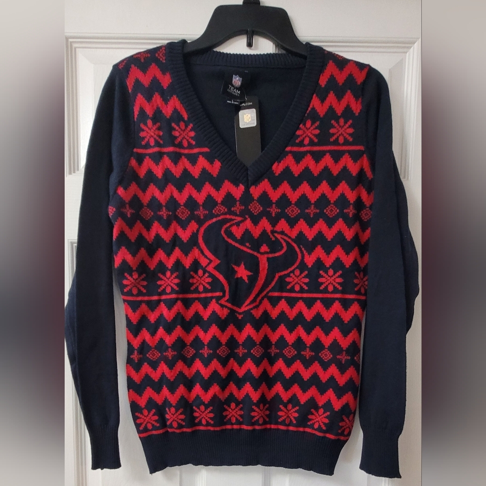 Houstan Texans Women's "Ugly Sweater" Red and Navy Size L V-Neck Form Fitting